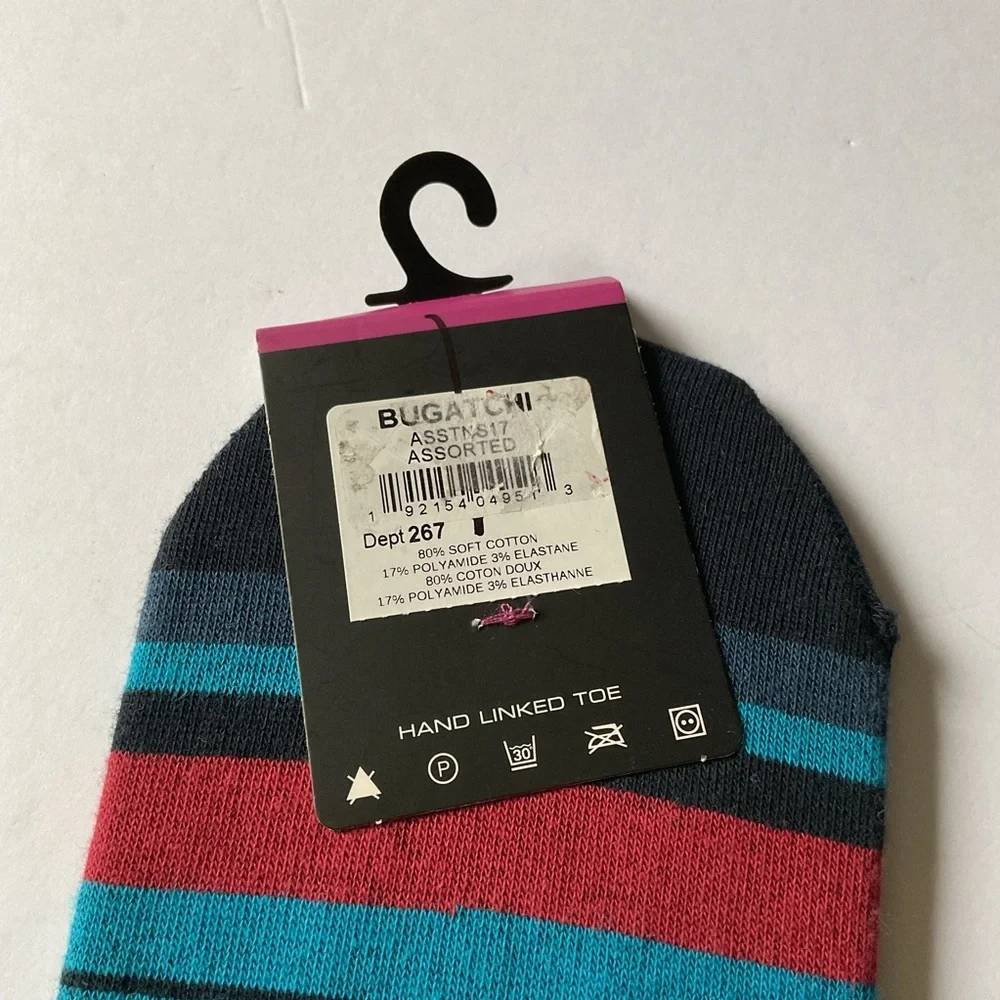 BUGATCHI MENS COTTON LINER SOCKS  BLUE MULTI-COLOR STRIPE OS NWT